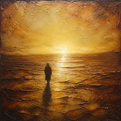 a solitary figure walking toward a glowing horizon across an empty plain, moody atmosphere, no text or lettering
