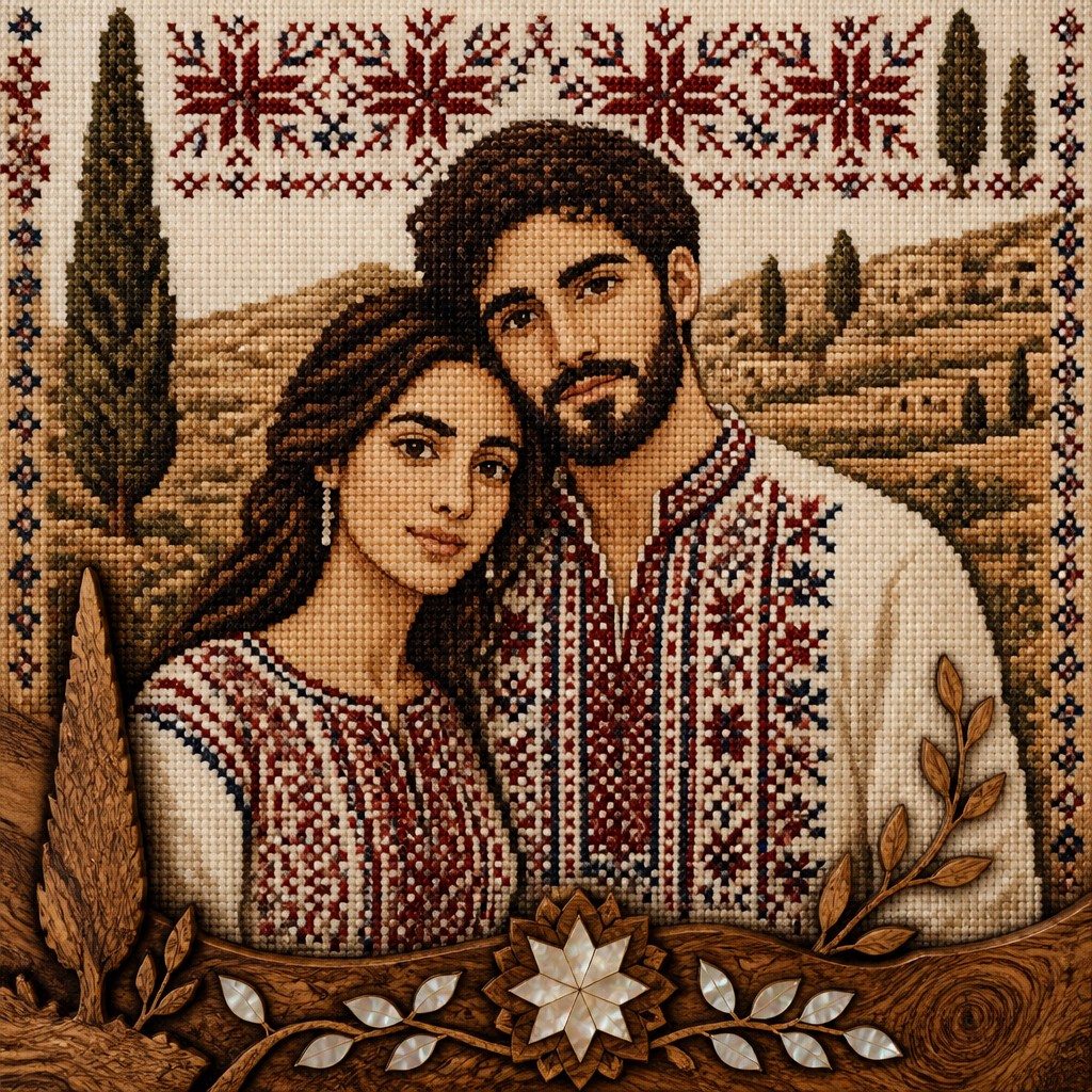 portrait of two people together — Palestinian Art Style