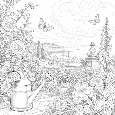 a garden scene with butterflies, flowers and a watering can, clean uncolored line art, no text