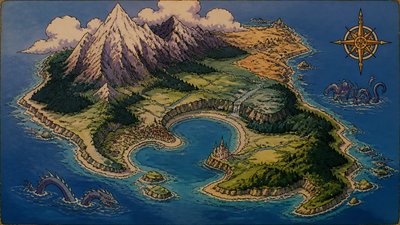 a map of an island realm with mountains, forests, a sheltered bay, sea monsters in the water and a compass rose, no text labels
