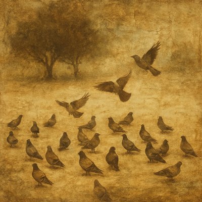 a flock of birds standing on top of a field