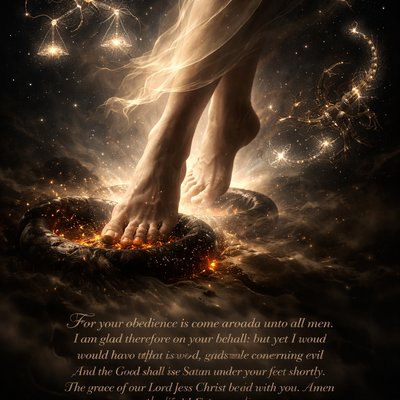 A picture of the heavenly Libra in constellation style combined with Scorpio and the foot of “For your obedience is come abroad unto all men. I am glad therefore on your behalf: but yet I would have you wise unto that which is good, and simple concerning evil. And the God of peace shall bruise Satan under your feet shortly. The grace of our Lord Jesus Christ be with you. Amen.” (Romans 16:19-20, KJV)
