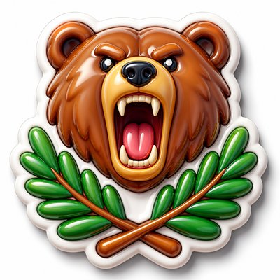 a roaring bear head above crossed pine branches, bold graphic composition on a plain background, no text