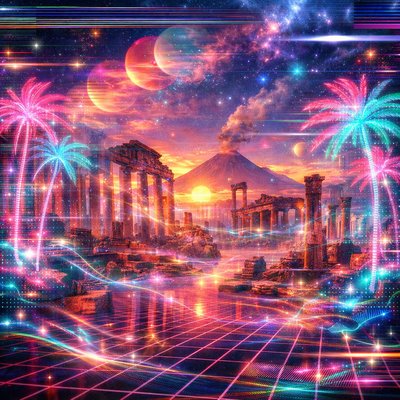 Surreal vaporwave landscape at sunset, ancient Pompeo from checkered grid floor, neon palm trees glowing pink and teal, VHS glitch effects, retro 90s aesthetic, dreamy nostalgic atmosphere, high detail