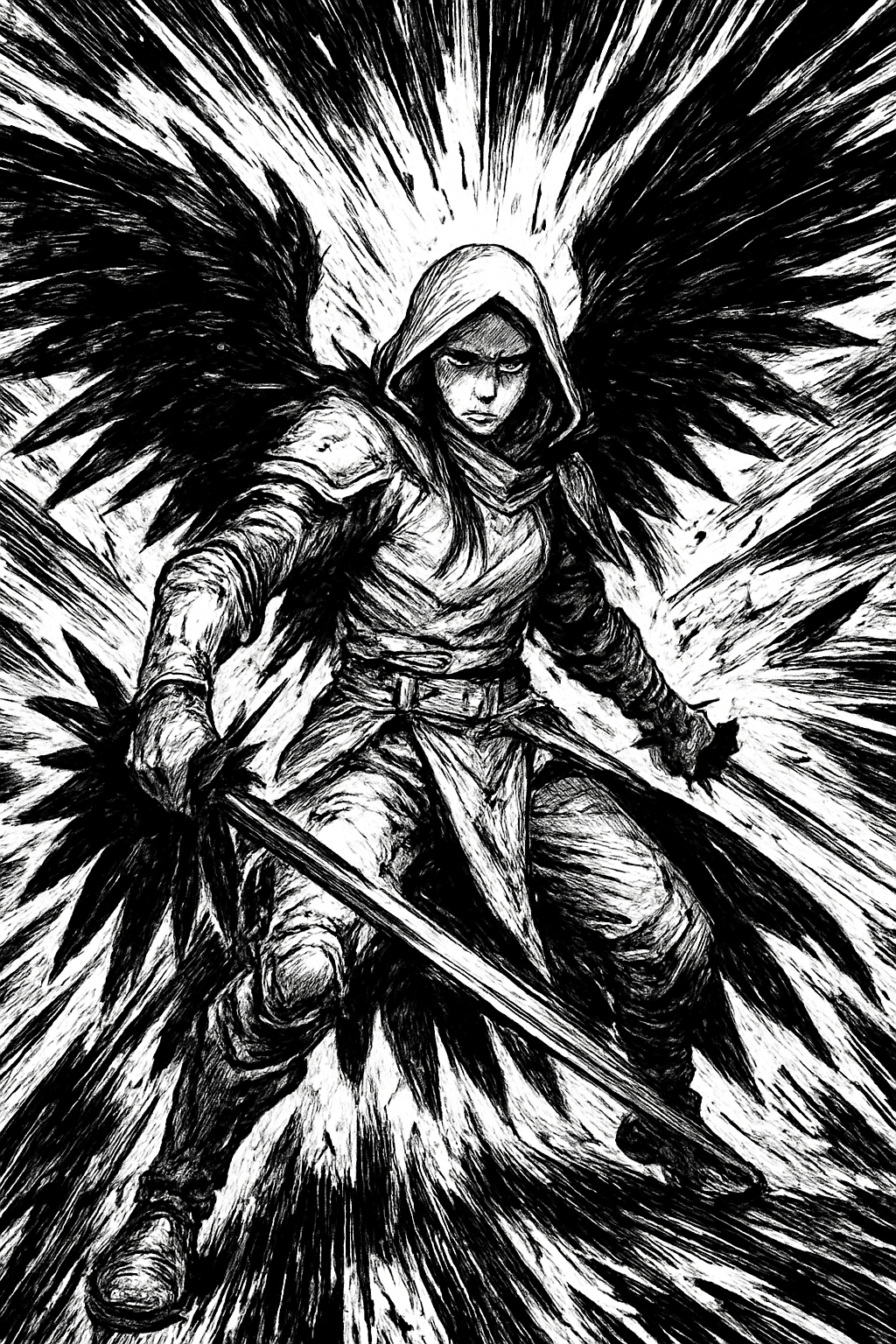 a black and white drawing of a person with a sword
