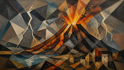 an erupting volcano with lightning strikes, dramatic wide composition, no text