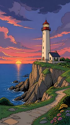a lone lighthouse on a cliff at dusk under a dramatic sky, no text or lettering