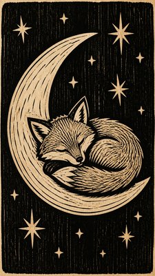 a sleeping baby fox curled on a crescent moon among soft stars, gentle and warm, no text