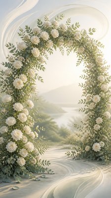 an arch of white roses and eucalyptus in soft morning light, elegant vertical composition with open space, no text