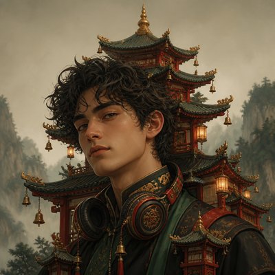 head-and-shoulders portrait of an original character: a young man with curly dark hair and headphones around his neck, plain backdrop, no text