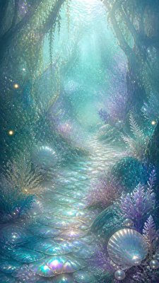 a mysterious forest path with fireflies and drifting mist, atmospheric vertical composition with open space at the top, no text