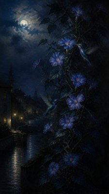 a climbing vine of flowers and hummingbirds on a dark background, tall wrapping composition, no text