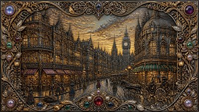 bustling city street panorama at dusk