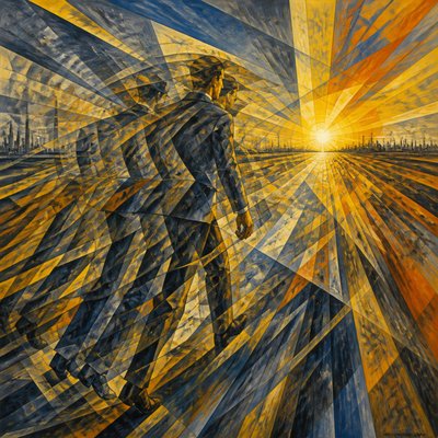 a solitary figure walking toward a glowing horizon across an empty plain, moody atmosphere, no text or lettering