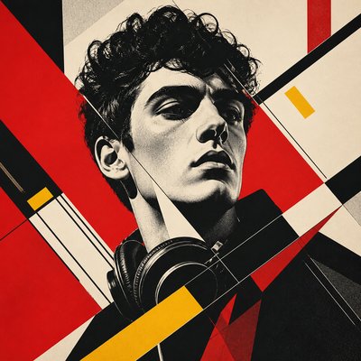 head-and-shoulders portrait of an original character: a young man with curly dark hair and headphones around his neck, plain backdrop, no text