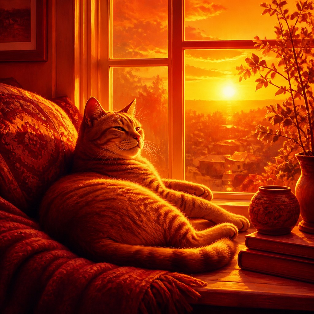 a cat lounging in a sunlit window — Warm Palette Art Style