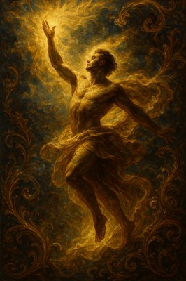 a painting of a man with his arms in the air