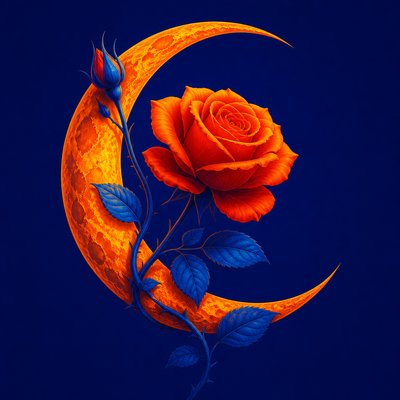 a rose entwined with a crescent moon, clean balanced composition on a plain background, no text