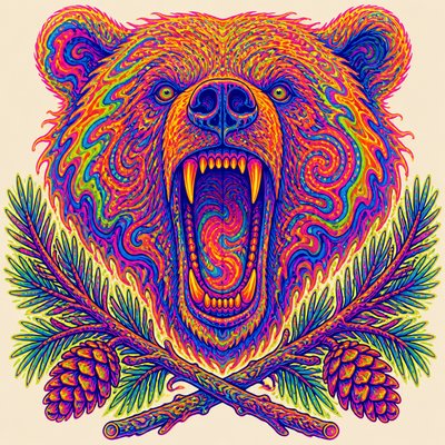 a roaring bear head above crossed pine branches, bold graphic composition on a plain background, no text