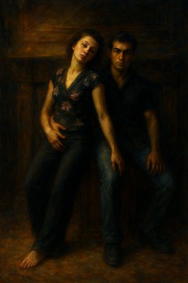 a painting of a man and woman sitting next to each other