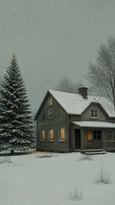 a snow-covered cottage with warm glowing windows beside a decorated pine tree, gentle snowfall, no text