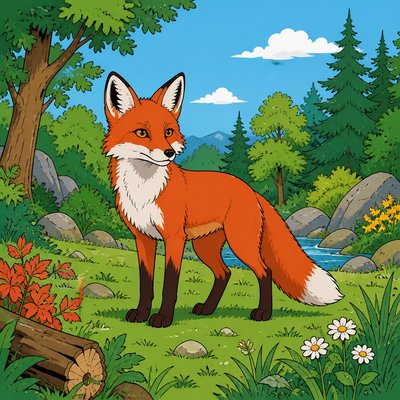 a red fox standing alert in a forest clearing, ears up, no people