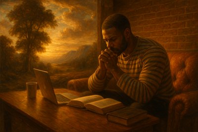 a painting of a man sitting at a table with a laptop