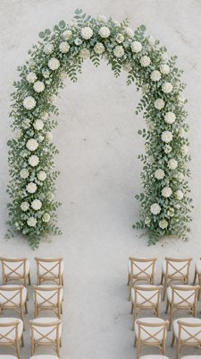 an arch of white roses and eucalyptus in soft morning light, elegant vertical composition with open space, no text