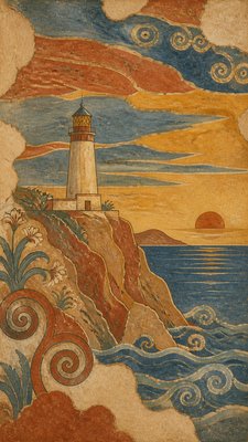 a lone lighthouse on a cliff at dusk under a dramatic sky, no text or lettering
