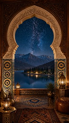 a tranquil mountain lake beneath a starry night sky, no people, no text