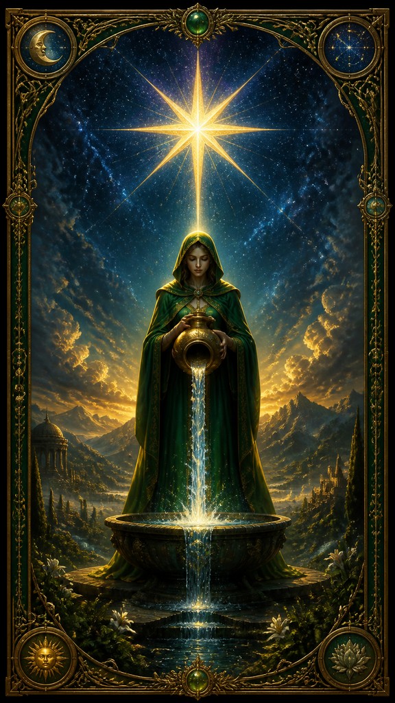 a robed figure pouring water beneath a large eight-pointed star in a night sky, symmetrical composition with an ornate decorative border, no text