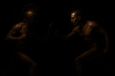 a painting of two men in the dark