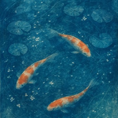 A koi pond seen from above, orange and white koi fish swimming among lily pads, clear water with subtle ripples, fallen cherry blossom petals floating on the surface, dappled sunlight