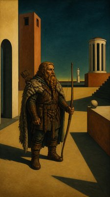full-body original character: a dwarven ranger with a braided auburn beard, worn leather armor, a longbow and a wolf-pelt cloak, neutral background, no text