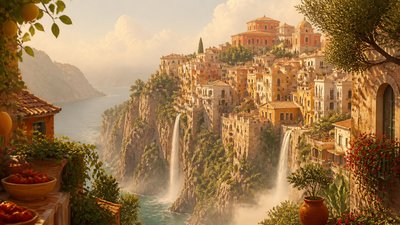 a cliffside city with waterfalls cascading into a misty canyon, wide establishing shot, no people, no text