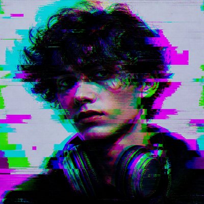 head-and-shoulders portrait of an original character: a young man with curly dark hair and headphones around his neck, plain backdrop, no text