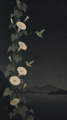 a climbing vine of flowers and hummingbirds on a dark background, tall wrapping composition, no text