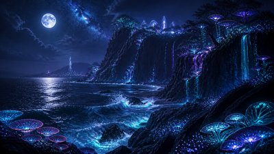 a moonlit coastline with cliffs and crashing surf, no people