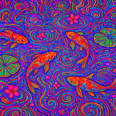 A koi pond seen from above, orange and white koi fish swimming among lily pads, clear water with subtle ripples, fallen cherry blossom petals floating on the surface, dappled sunlight