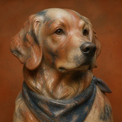 portrait of a golden retriever wearing a blue bandana, warm plain backdrop, no text