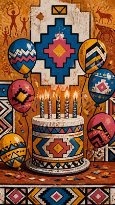 a birthday cake with lit candles surrounded by balloons and confetti, festive vertical composition, no text