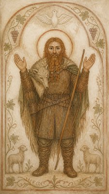 full-body original character: a dwarven ranger with a braided auburn beard, worn leather armor, a longbow and a wolf-pelt cloak, neutral background, no text