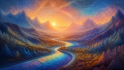a vast valley with a river winding toward distant mountains at sunrise, no people, no text