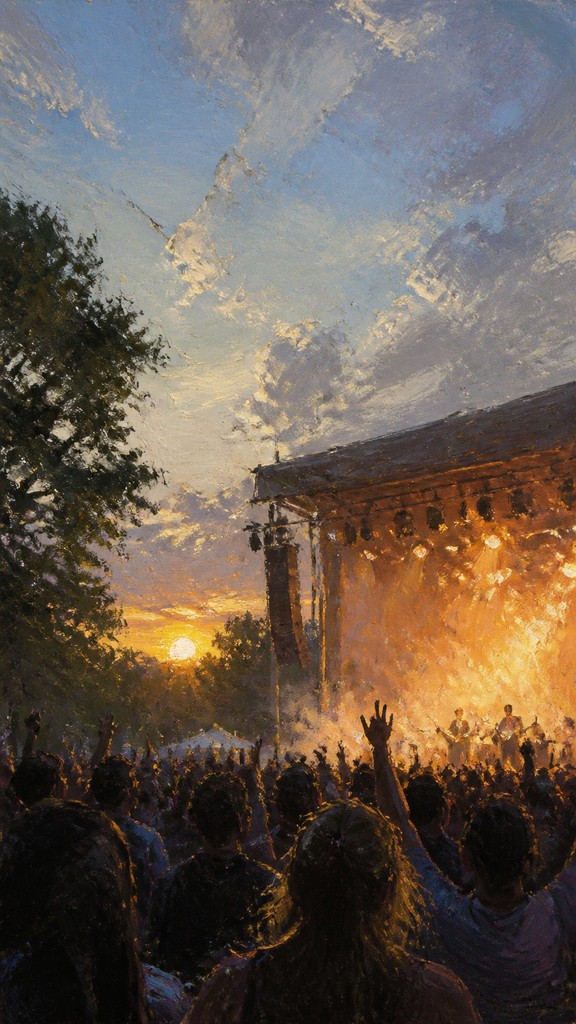 a live music scene with a glowing stage and silhouetted crowd, energetic vertical composition with open space at the top, no text