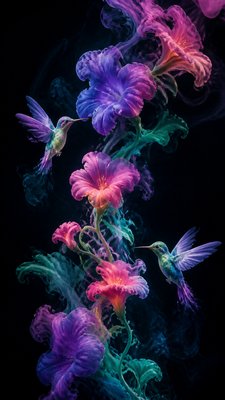 a climbing vine of flowers and hummingbirds on a dark background, tall wrapping composition, no text