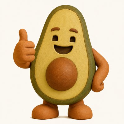a happy avocado character giving a thumbs up, bold readable design on a plain background, no text