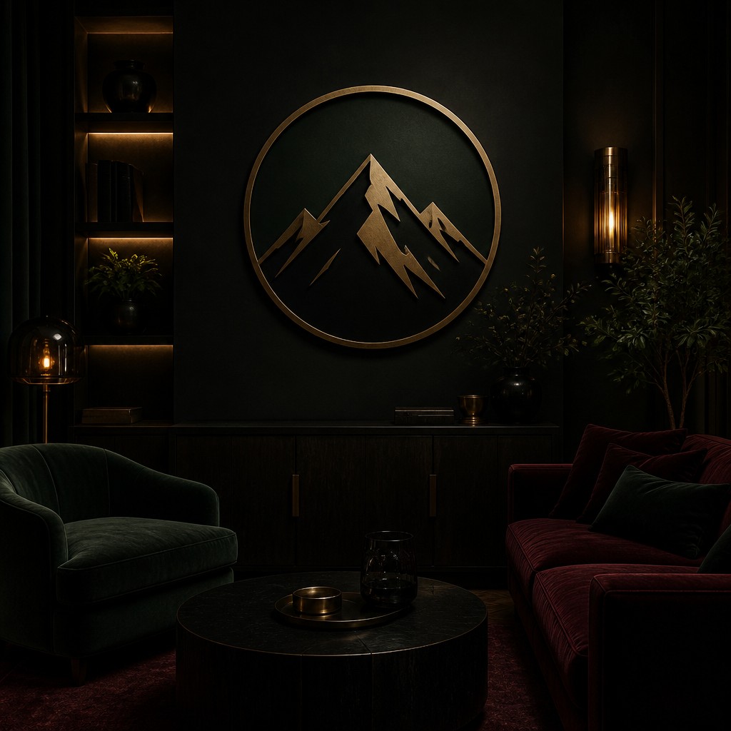 an emblem of a mountain peak inside a circle, simple bold shapes on a plain background, no text or lettering