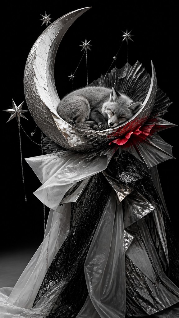 a sleeping baby fox curled on a crescent moon among soft stars, gentle and warm, no text