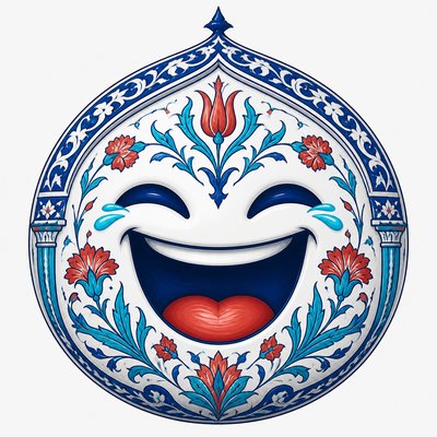 an exaggerated laughing face of an original round mascot character, bold and readable at small size, plain background, no text