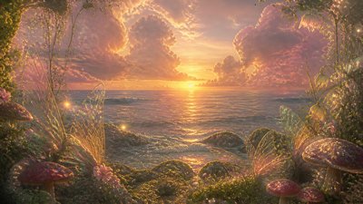 a panoramic ocean horizon with towering clouds at golden hour, no people